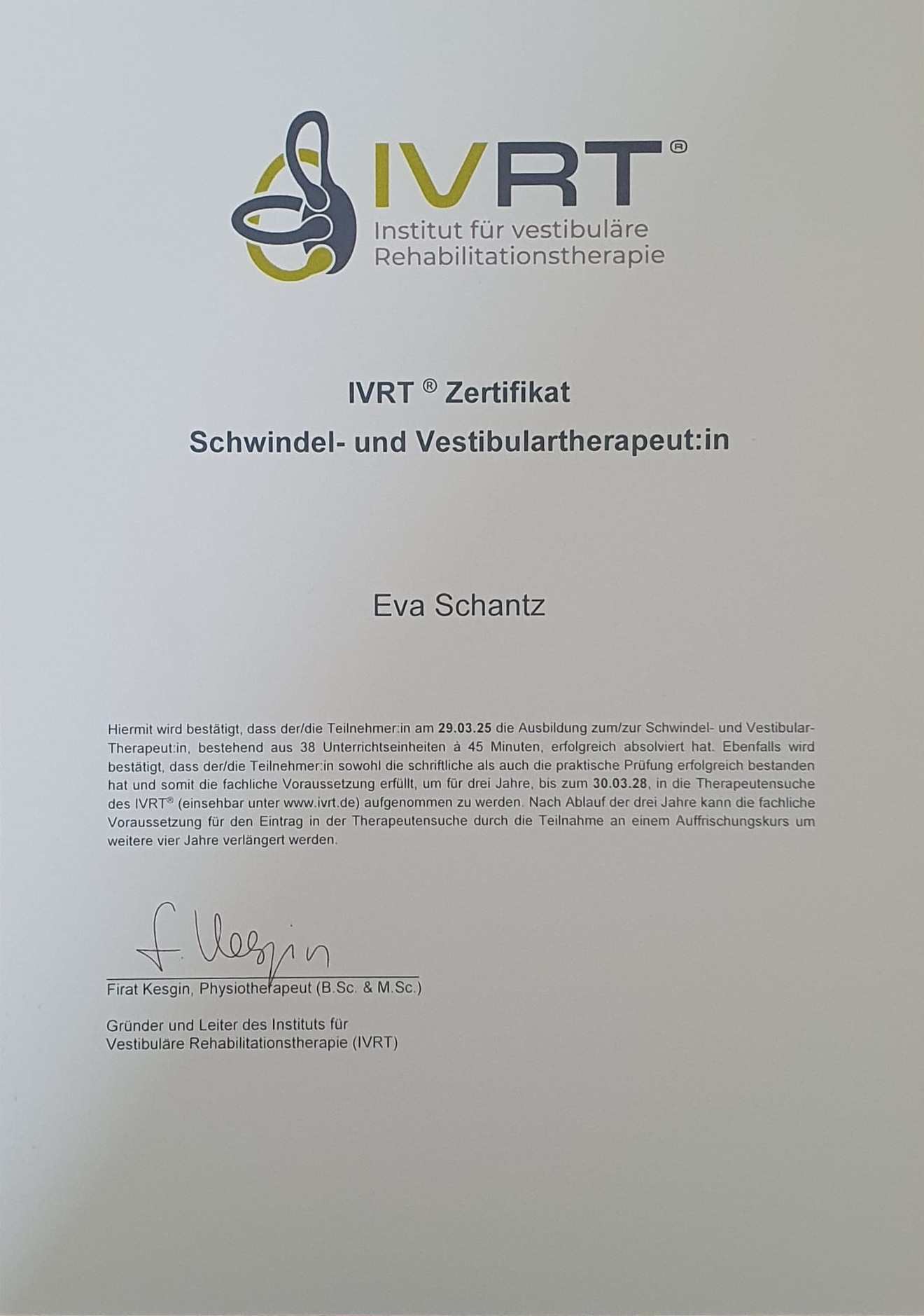 schwindel_therapeutin Zertifikat über den Abschluss zur Schwindel und Verhaltenstherapeutin unserer Mitarbeiterin Eva Schanz